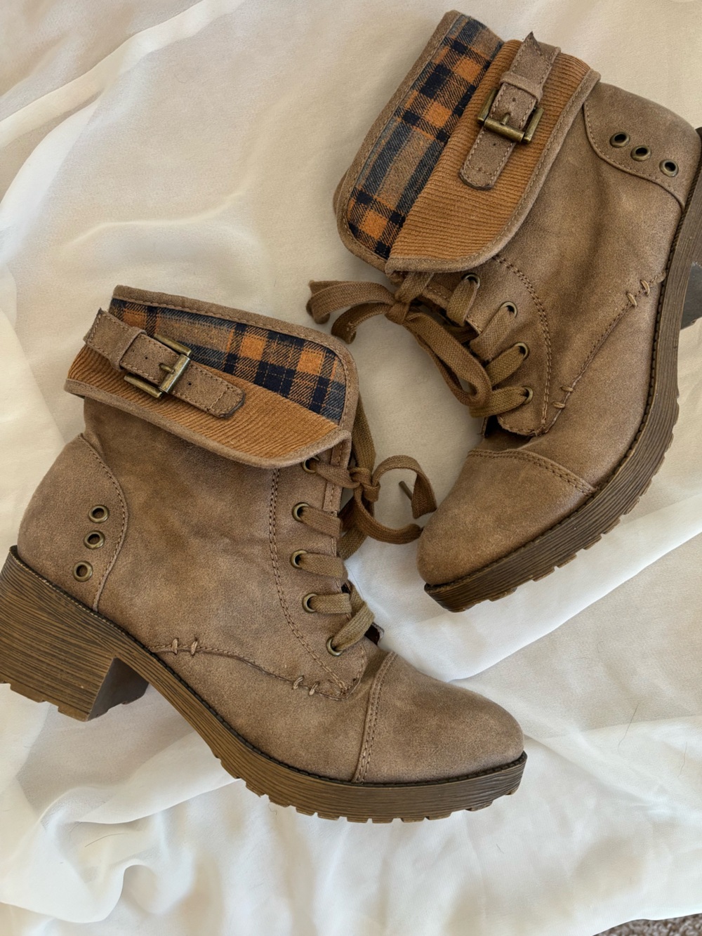 Y2K Rock & Candy Sonni Light Brown Suede Plaid Lined Buckle Detail Twee Boots